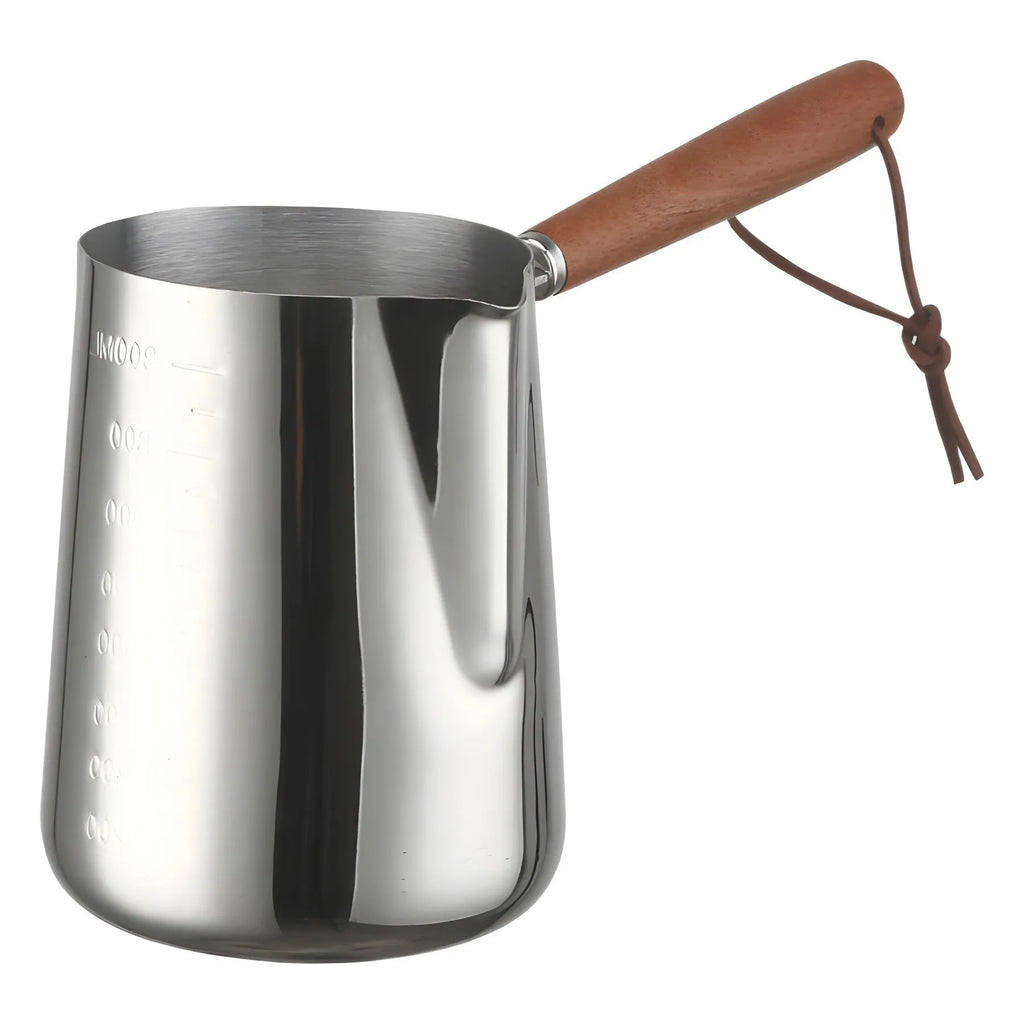 Stainless steel coffee cup with wooden handle showing measurement scale marks
