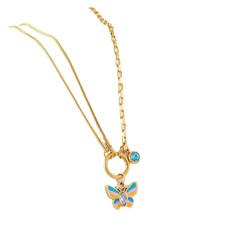 Gold titanium steel necklace and bracelet set with colourful epoxy butterfly zodiac pendant.