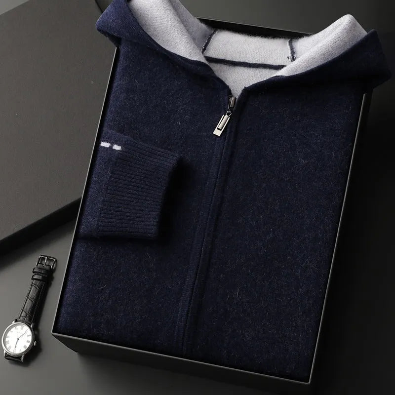 A man wearing a dark blue half-high collar zipper cardigan, a loose thickened sweater for winter.