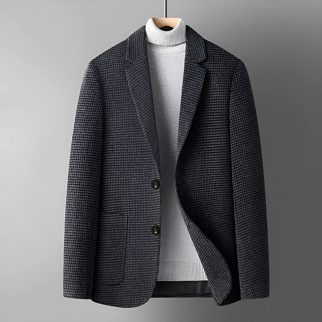 Men's slim fit wool blend suit jacket in grey, shown on a model.
