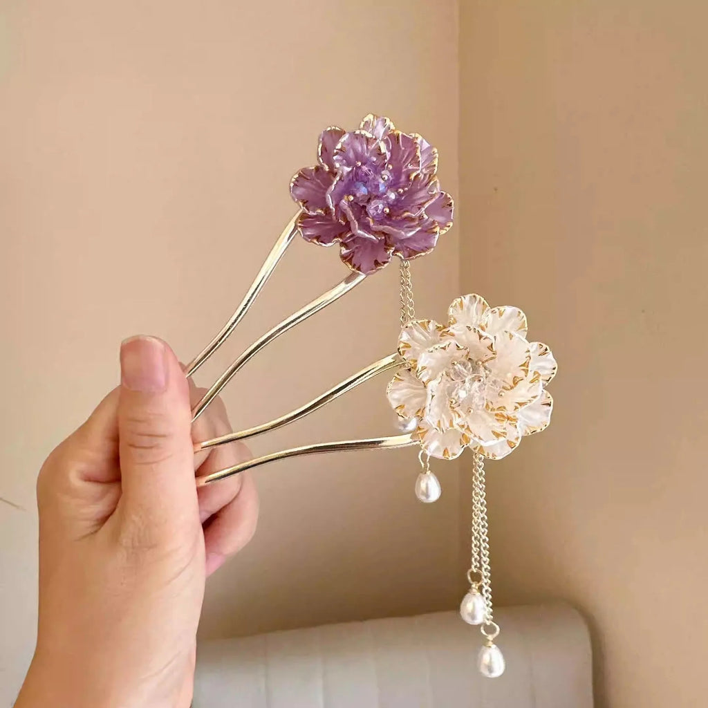 Purple and white peony flower U-shaped hairpin with tassel detailing and alloy construction