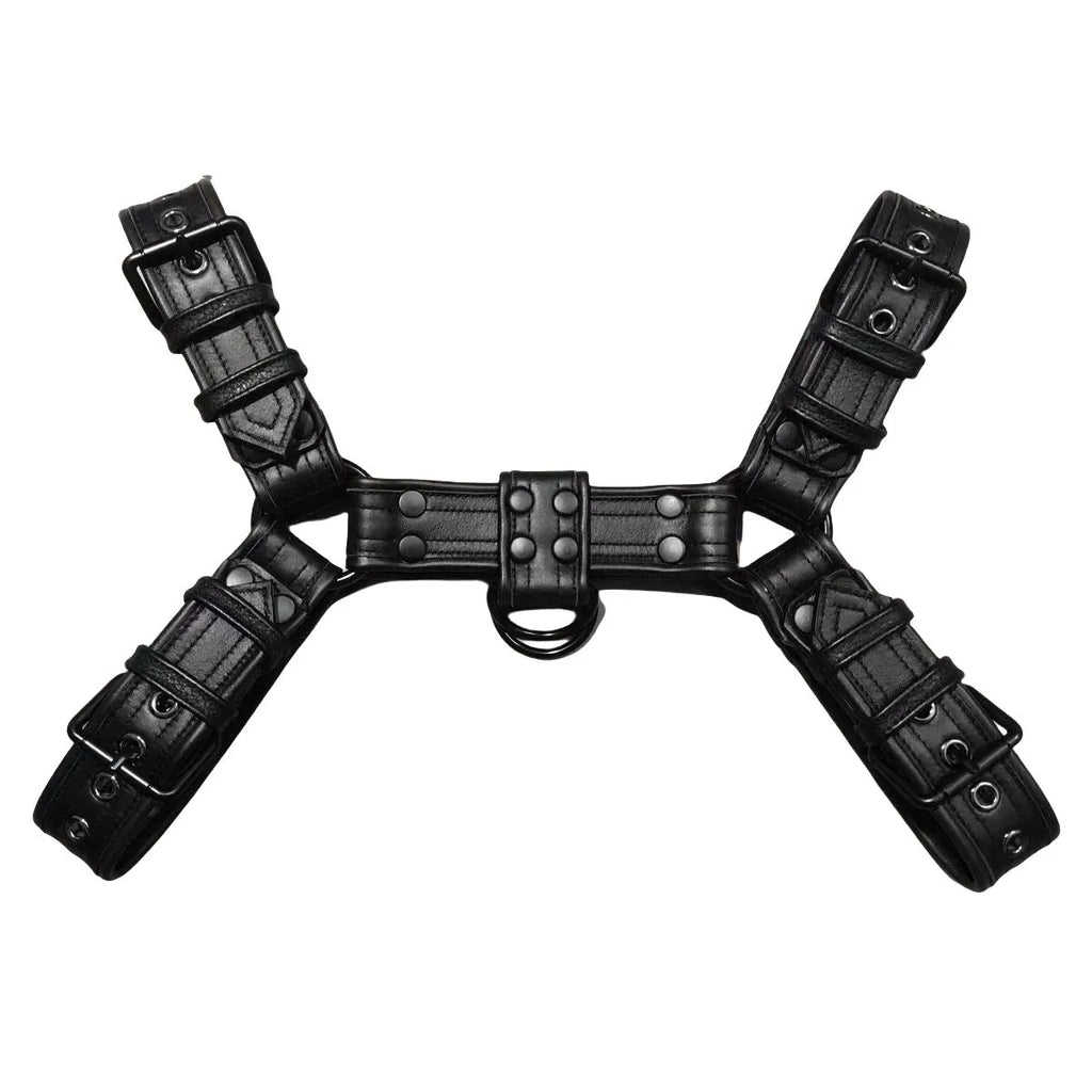 Black leather men's chest strap with metal adjustment buckle and rivets