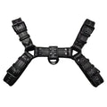 Black leather men's chest strap with metal adjustment buckle and rivets