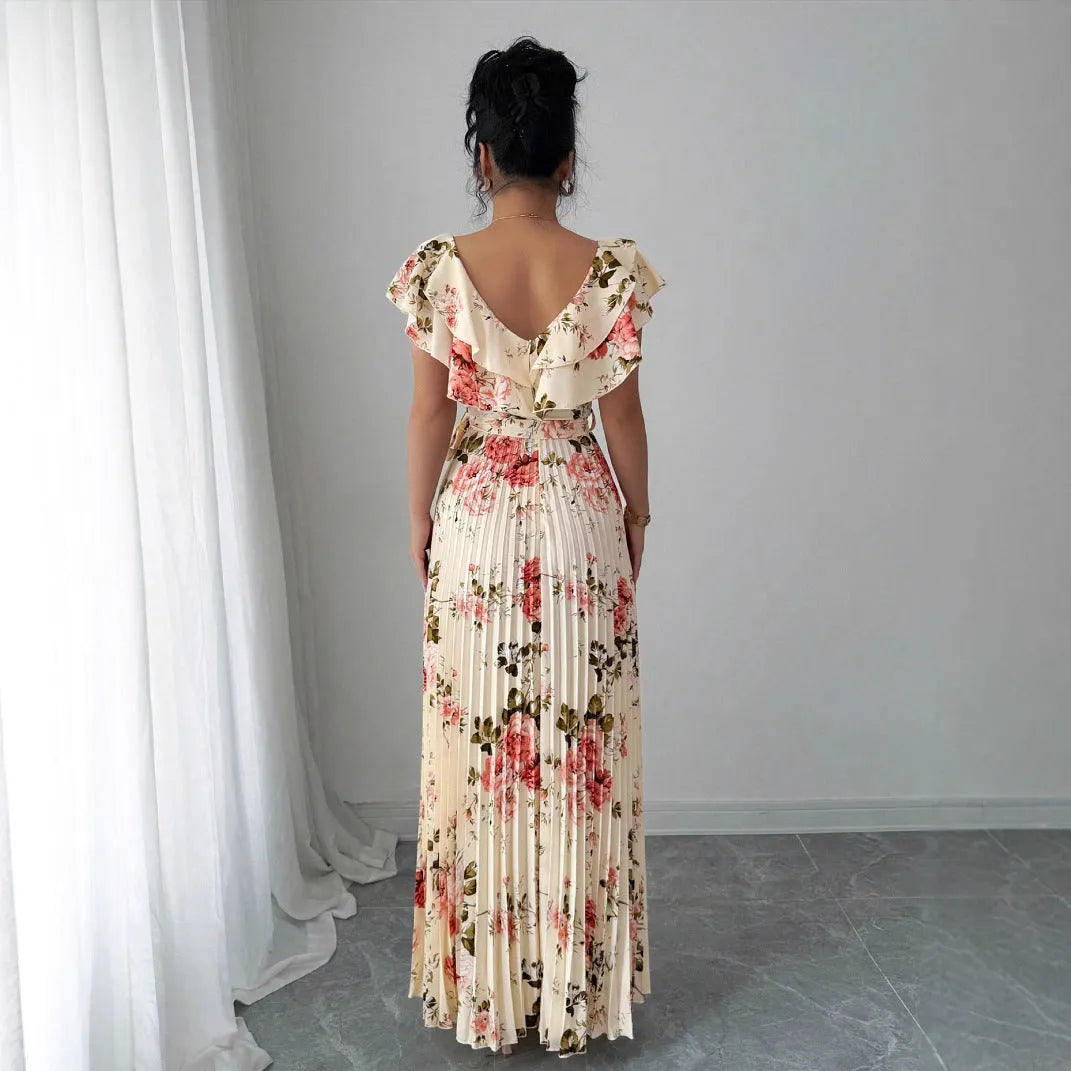 Apricot floral print V-neck dress with ruffled sleeves and oversized swing skirt on hanger