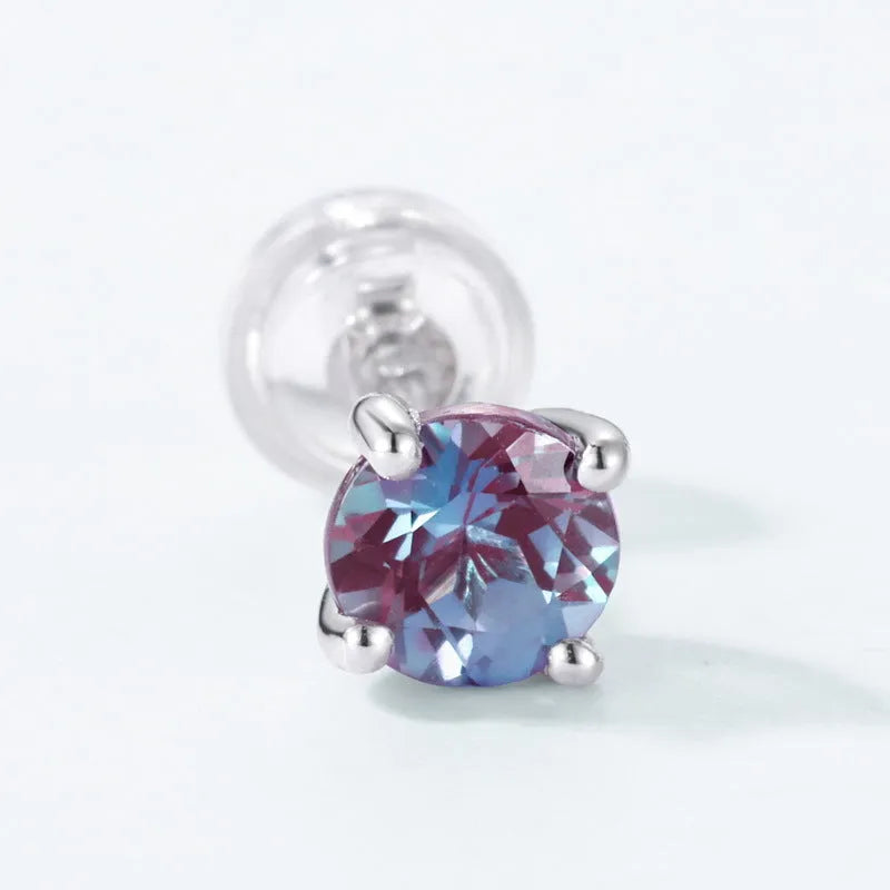 925 sterling silver ear studs with round cultivated Alexandrite stone in geometric setting.
