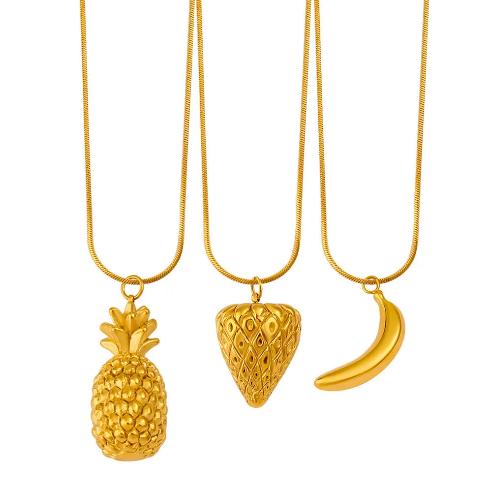 Stainless steel necklace with a colourful fruit-shaped pendant, showing apple, grape, and watermelon design options.