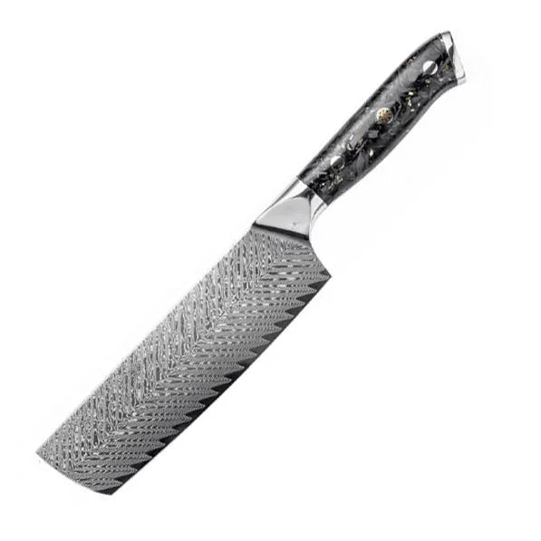 Damascus steel kitchen knife set with eight blades including Japanese and boning knives on a wooden surface