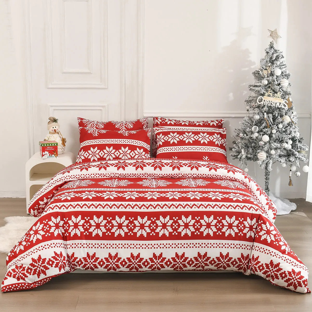 Winter Sleepers red Christmas pattern bed three-piece set with duvet cover and pillowcases