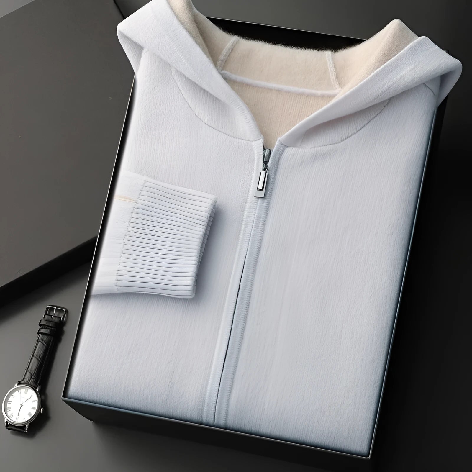 A man wearing a dark blue half-high collar zipper cardigan, a loose thickened sweater for winter.