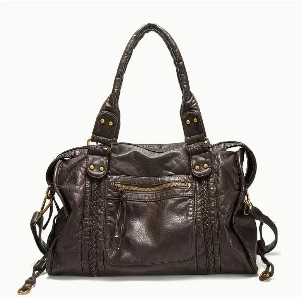 Women's French retro motorcycle style messenger shoulder bag in soft PU leather with woven detailing