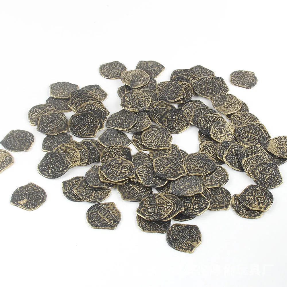 Set of 100 gold, silver, and bronze plastic replica Roman coins for props and crafts.