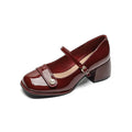 French style women's chunky heel pumps in patent leather with buckle fastening