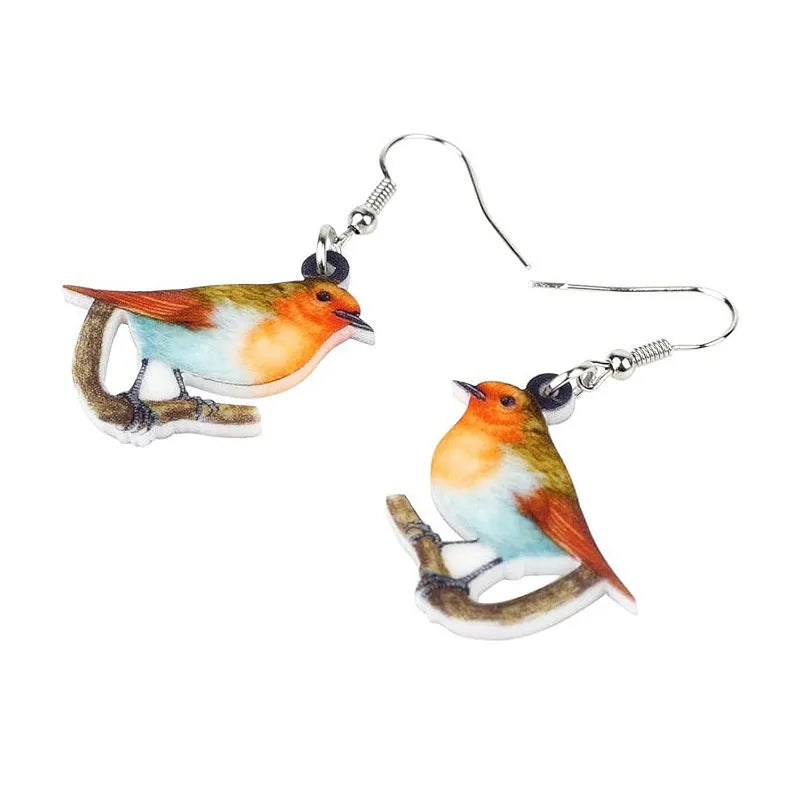 Acrylic Blue Titmouse pendant earrings with geometric bird design and snake elements