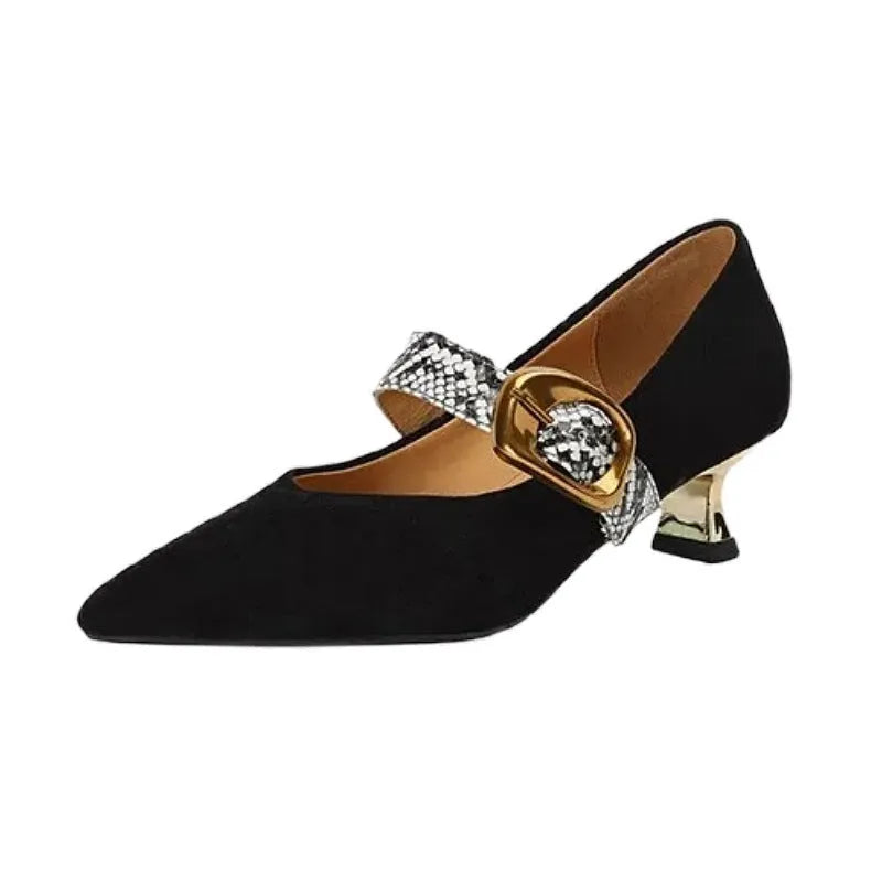 Women's black pointed toe stiletto heels with a buckle fastening and a low-cut design.