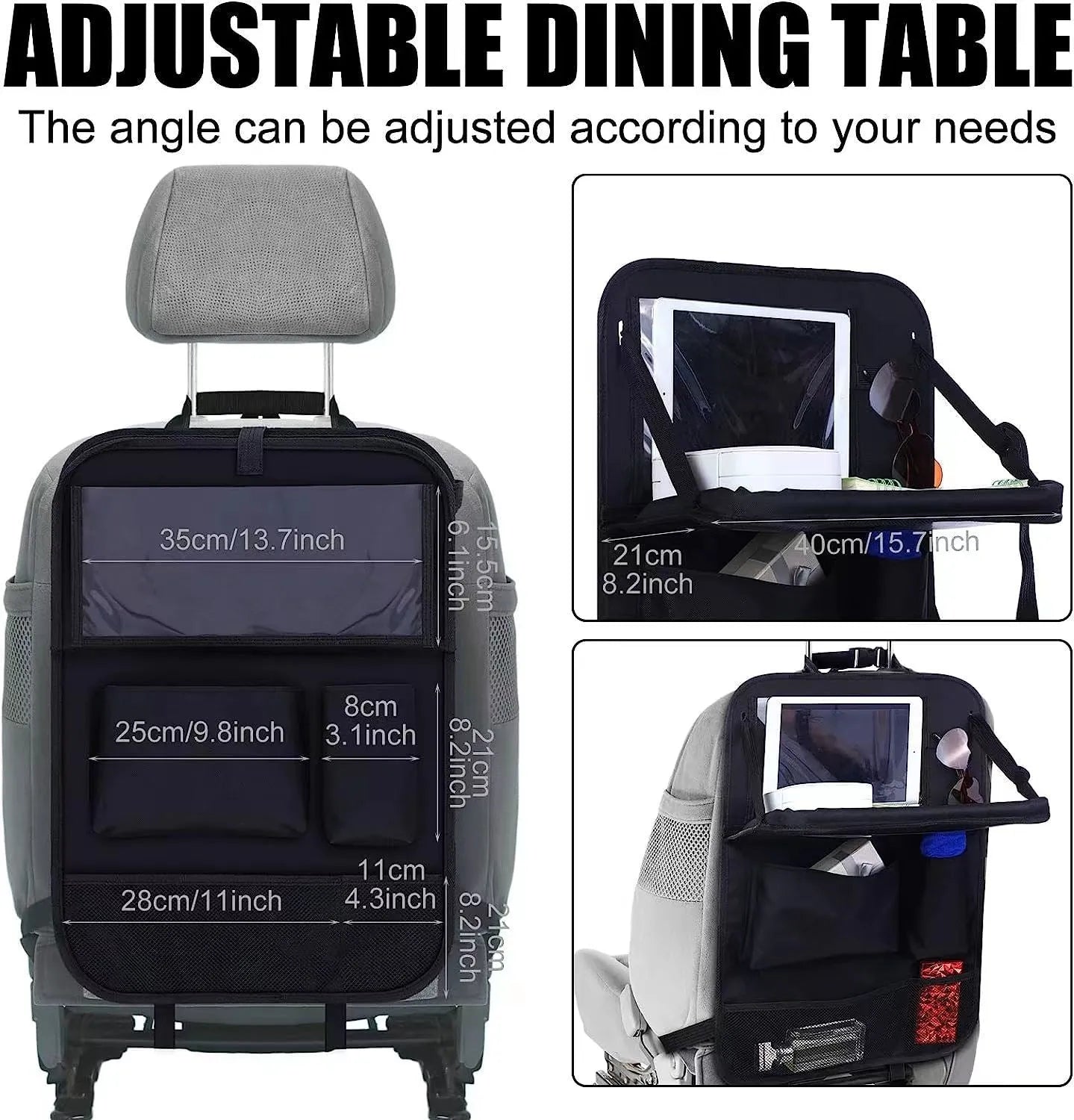 Black oxford cloth car seat back buggy bag measuring 42x30cm with hanging storage compartments