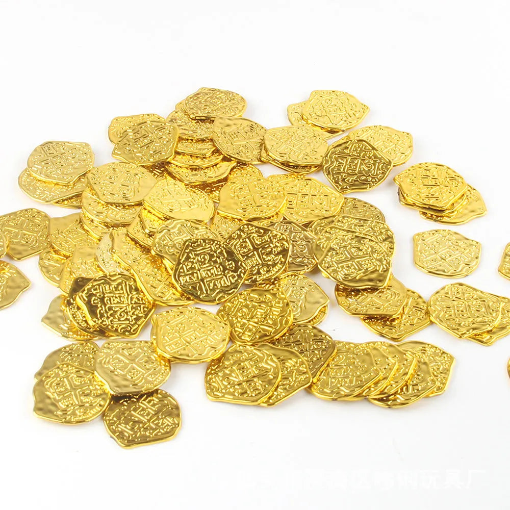 Set of 100 gold, silver, and bronze plastic replica Roman coins for props and crafts.