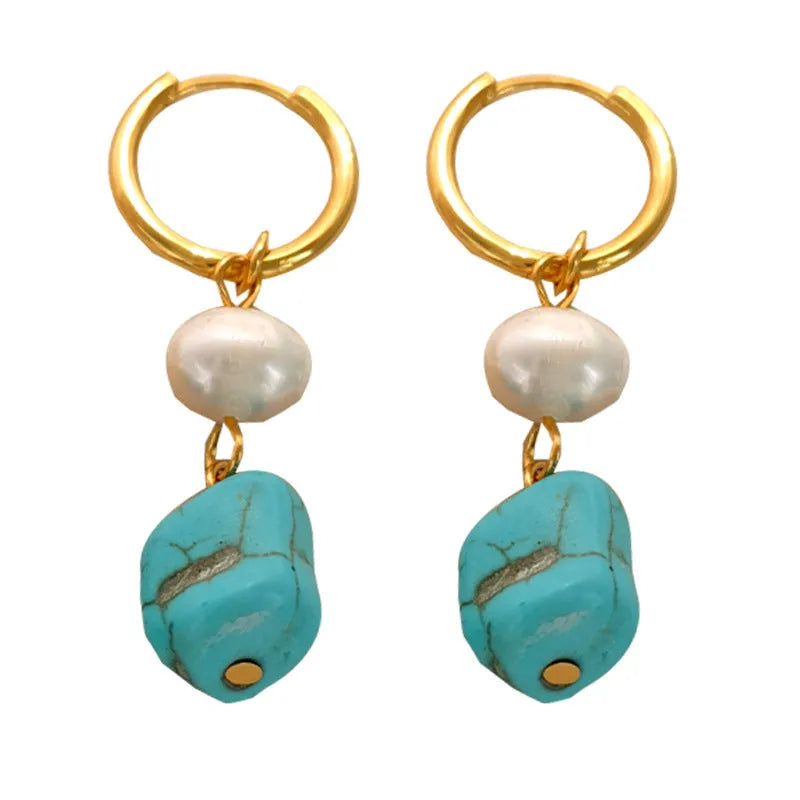 A pair of short and a pair of long turquoise cultured pearl ear clips with geometric copper settings.