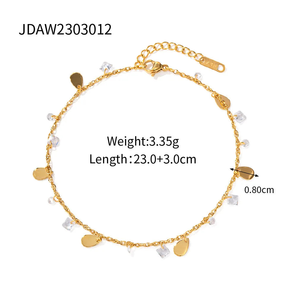 Women's stainless steel anklet with geometric water drop tassel charm on adjustable ankle bracelet