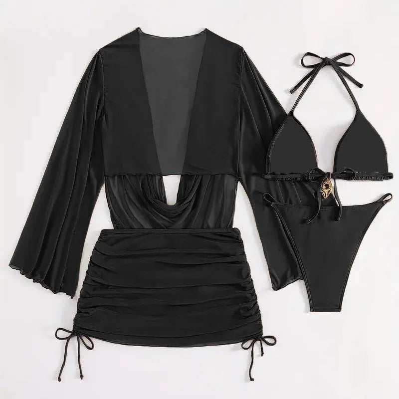 Dark brown or black women's lace-up bikini swimsuit set with backless design