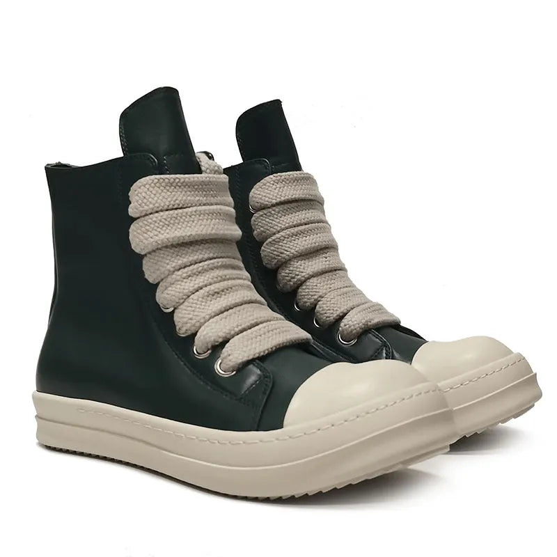 Black genuine cowhide leather high-top sneakers with a side zipper and platform sole.
