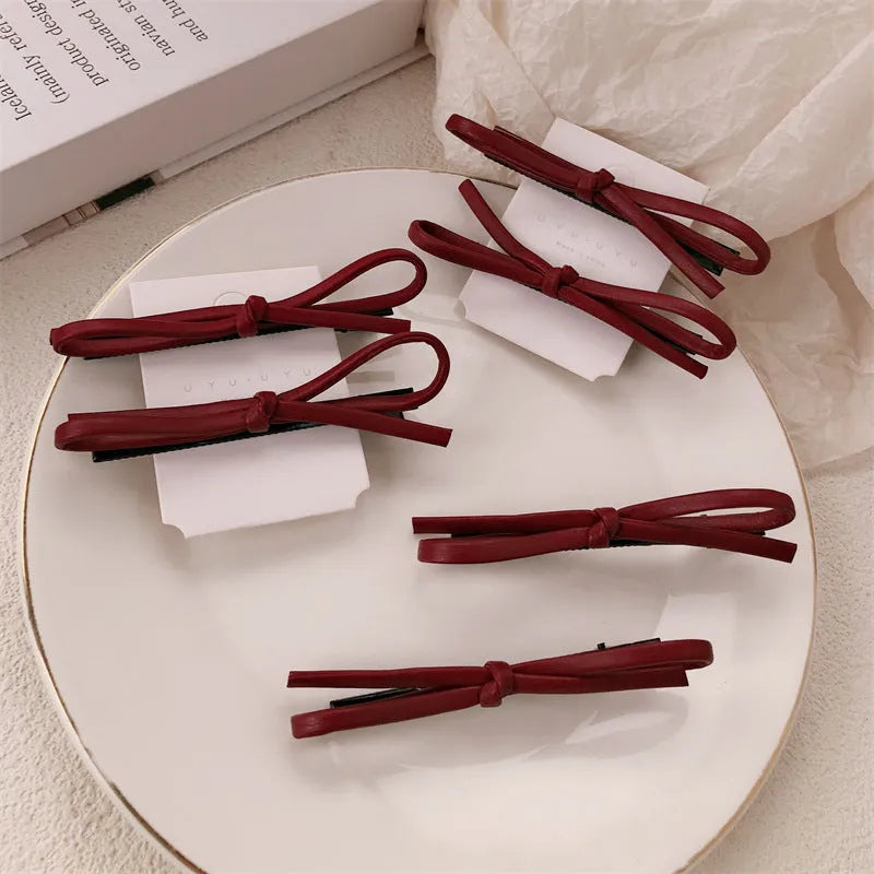 Wine red leather bow hair barrettes handcrafted women's hair clip accessories