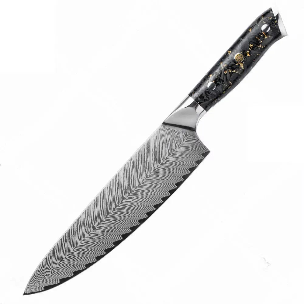 Damascus steel kitchen knife set with eight blades including Japanese and boning knives on a wooden surface