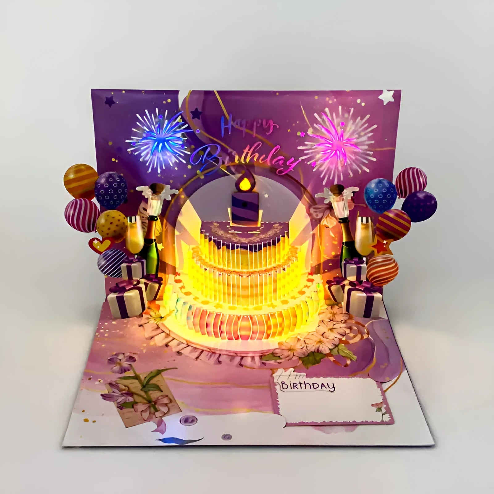 Open 3D greeting card showing a layered cake illustration in Chinese ink style, 15cm by 20cm.