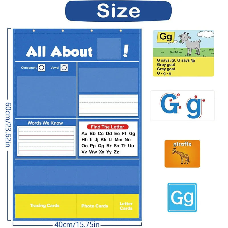 Children's alphabet learning chart with word cards, letter cards and picture cards on 60x40cm play mat