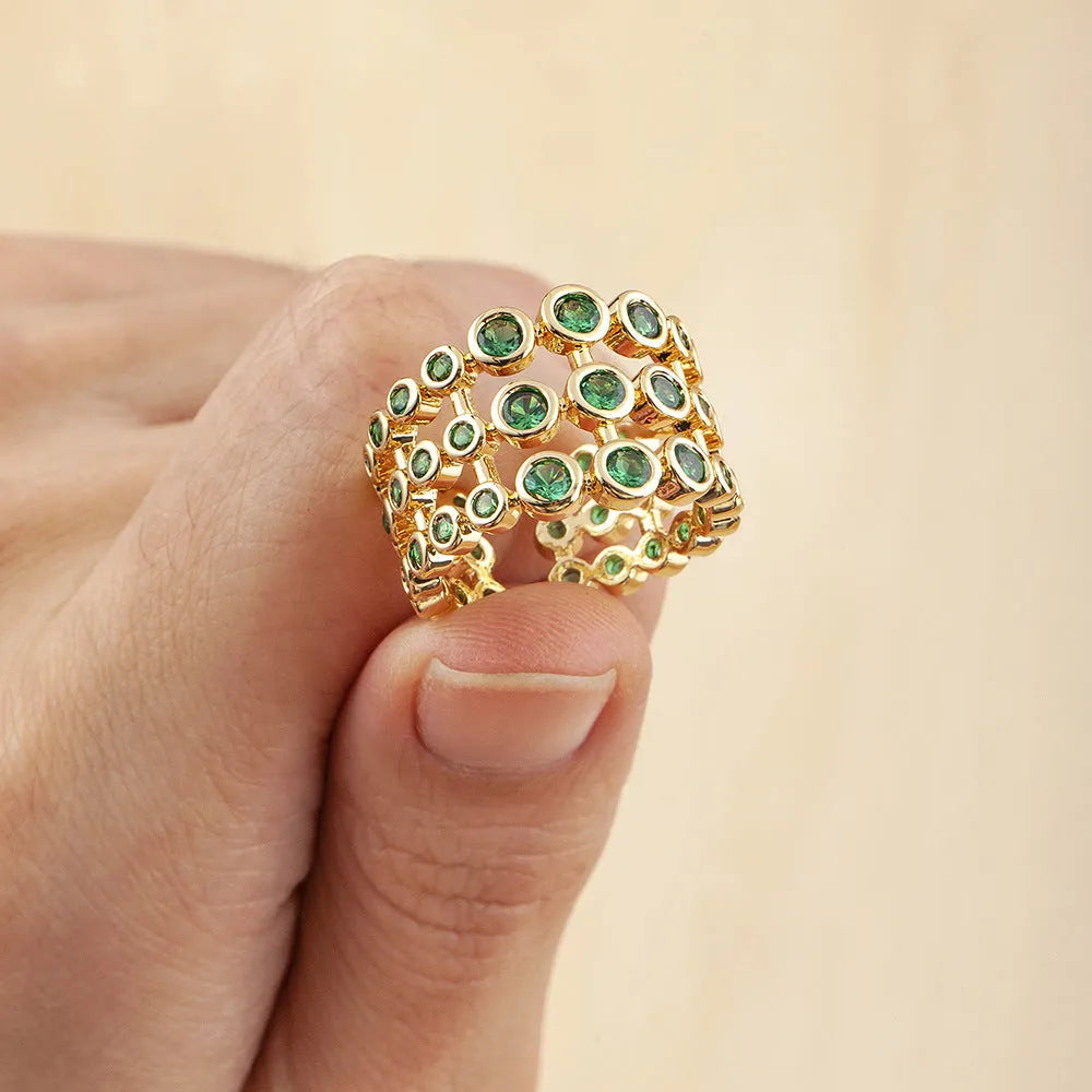 Copper ring with 18K gold plating and three-layer green zircon design in wide band version