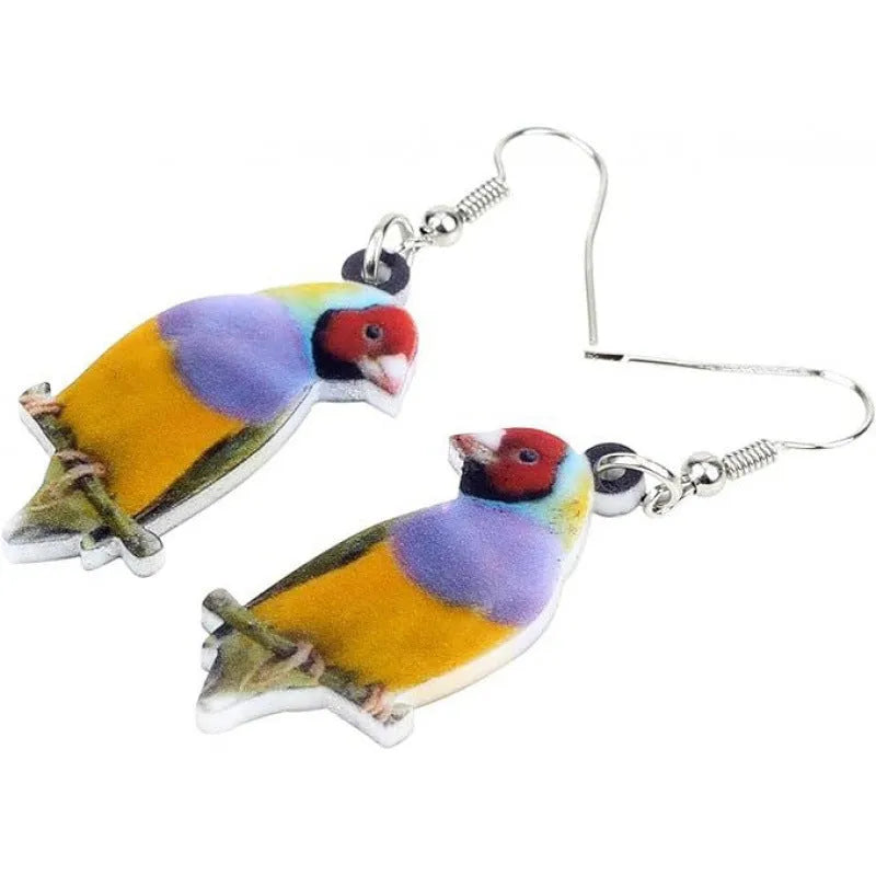 Acrylic Blue Titmouse pendant earrings with geometric bird design and snake elements