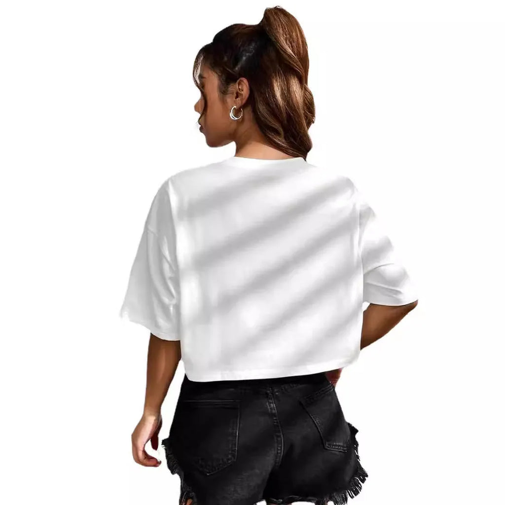 Women's cotton t-shirt with exposed navel design and printed English letters in loose casual fit