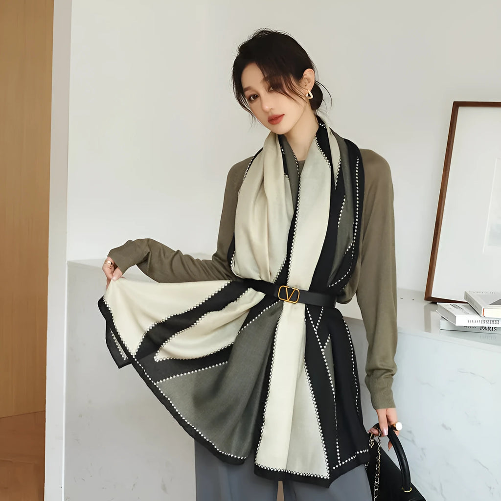 Polyester printed scarf shawl showing 90cm by 180cm dimensions and autumn-appropriate designs