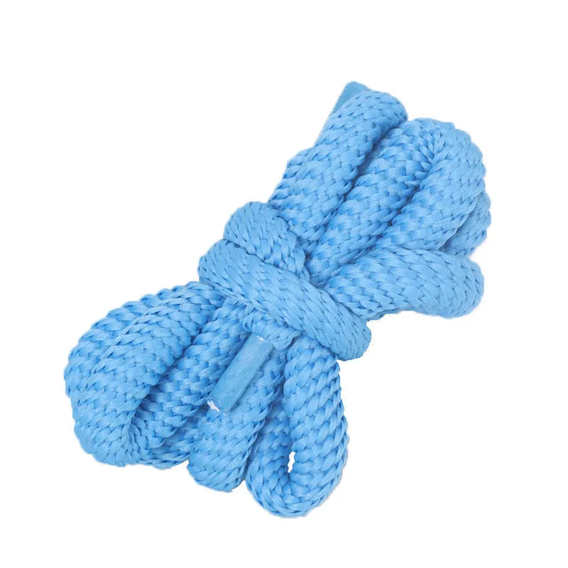 Round oval rope shoelaces in multiple colours including black, pink, blue, and red, shown in different lengths.