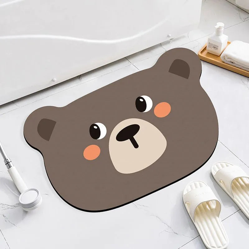 Diatomite absorbent bathroom mat with cartoon animal design in one of three available sizes