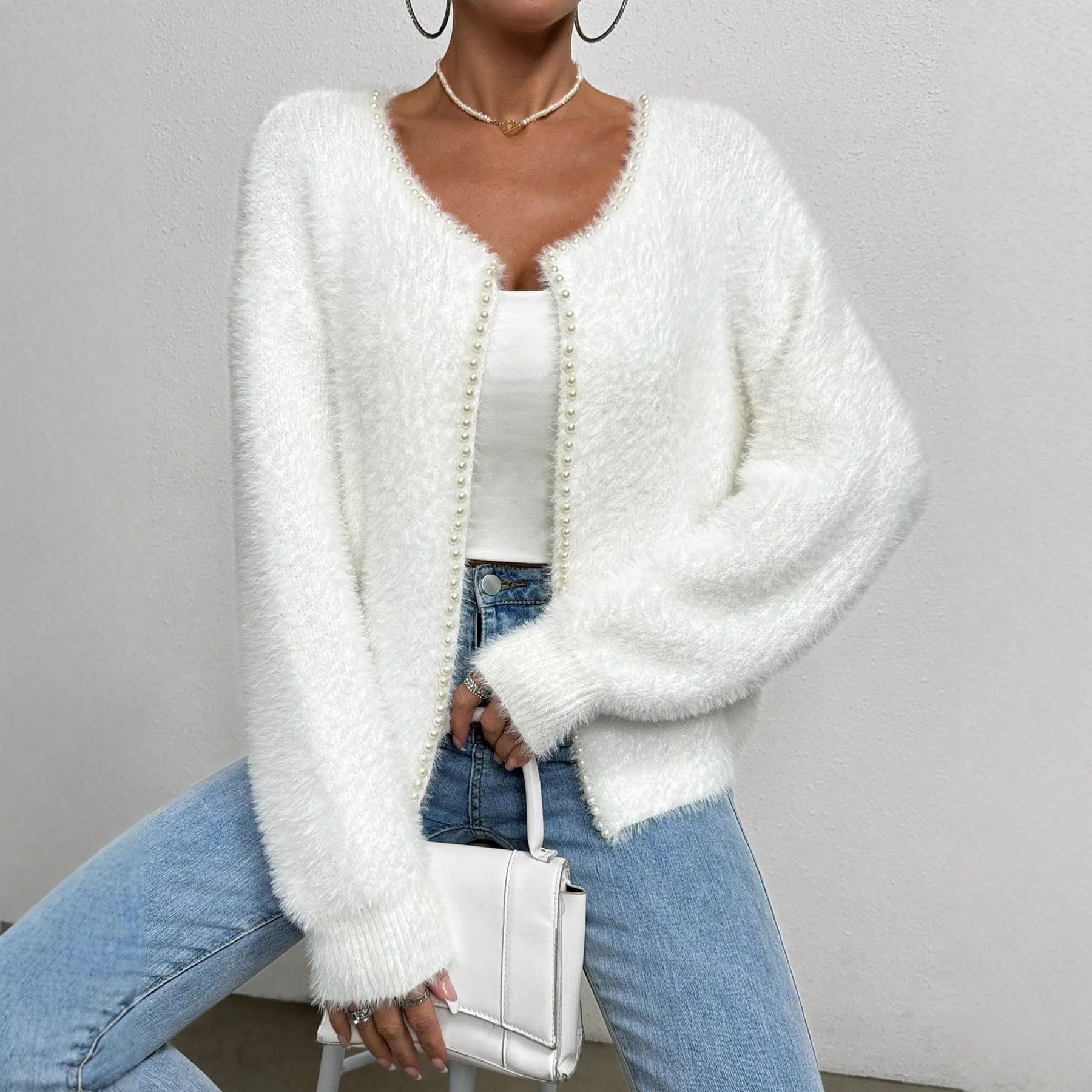 Women's white V-neck cardigan sweater with medium thickness polyester knitwear fabric