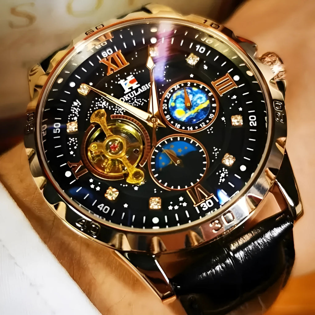 Men's automatic mechanical watch with hollow dial showing movement, black leather strap, rose gold case