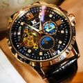 Men's automatic mechanical watch with hollow dial showing movement, black leather strap, rose gold case
