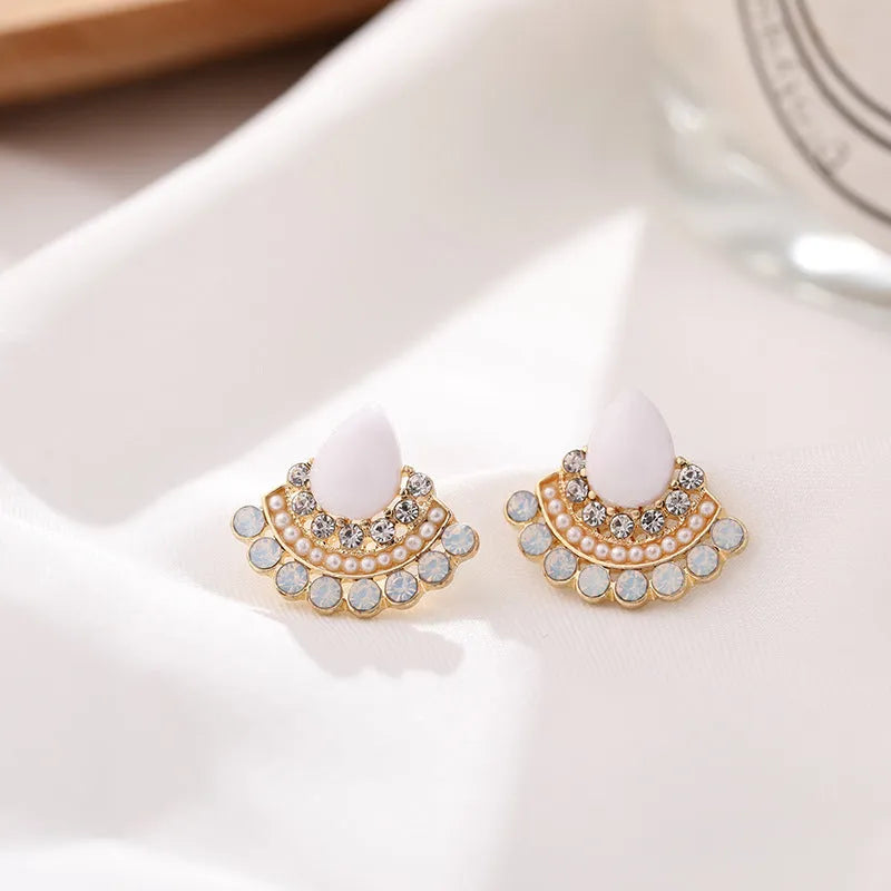 Women's retro geometric fan-shaped earrings with opal rhinestone detailing and electroplated sterling silver finish