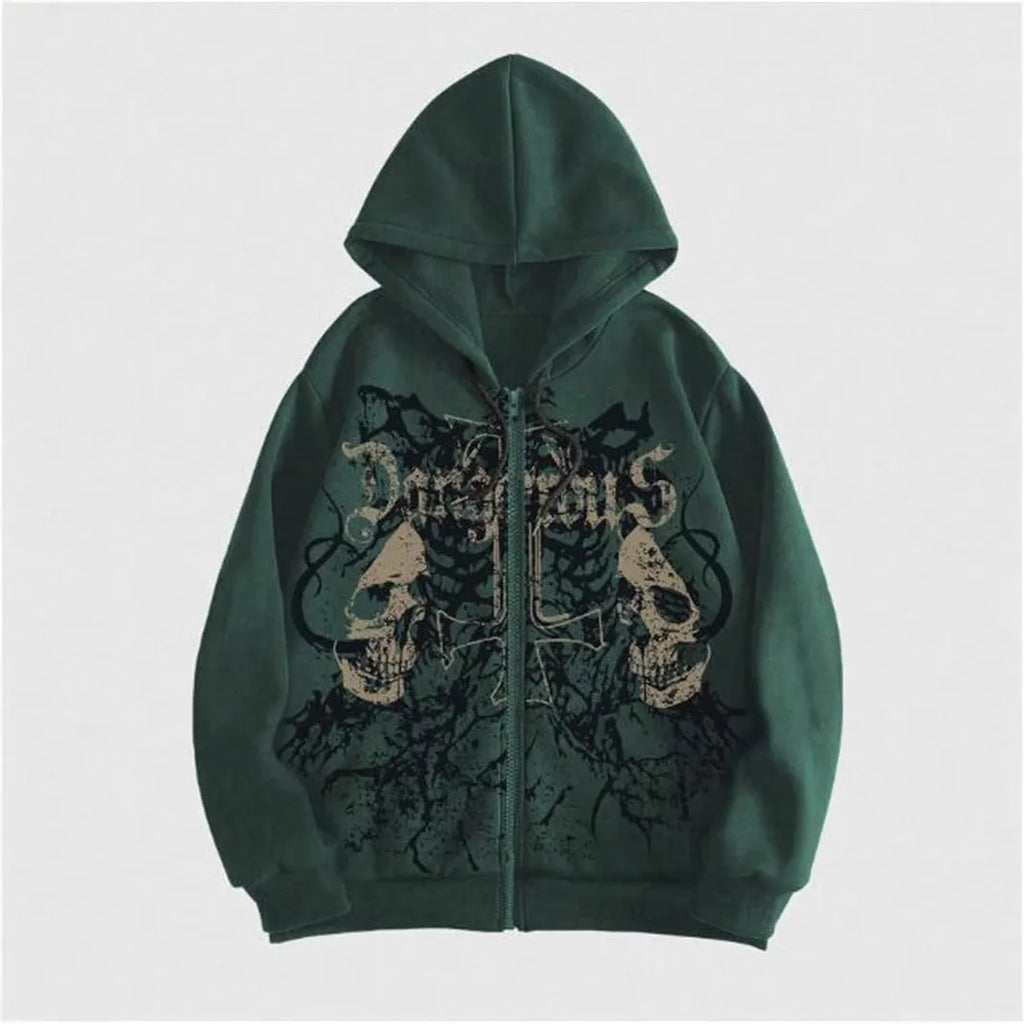 Men's black hooded sweatshirt with a large white skull print on the chest, long sleeves, and a pullover style.
