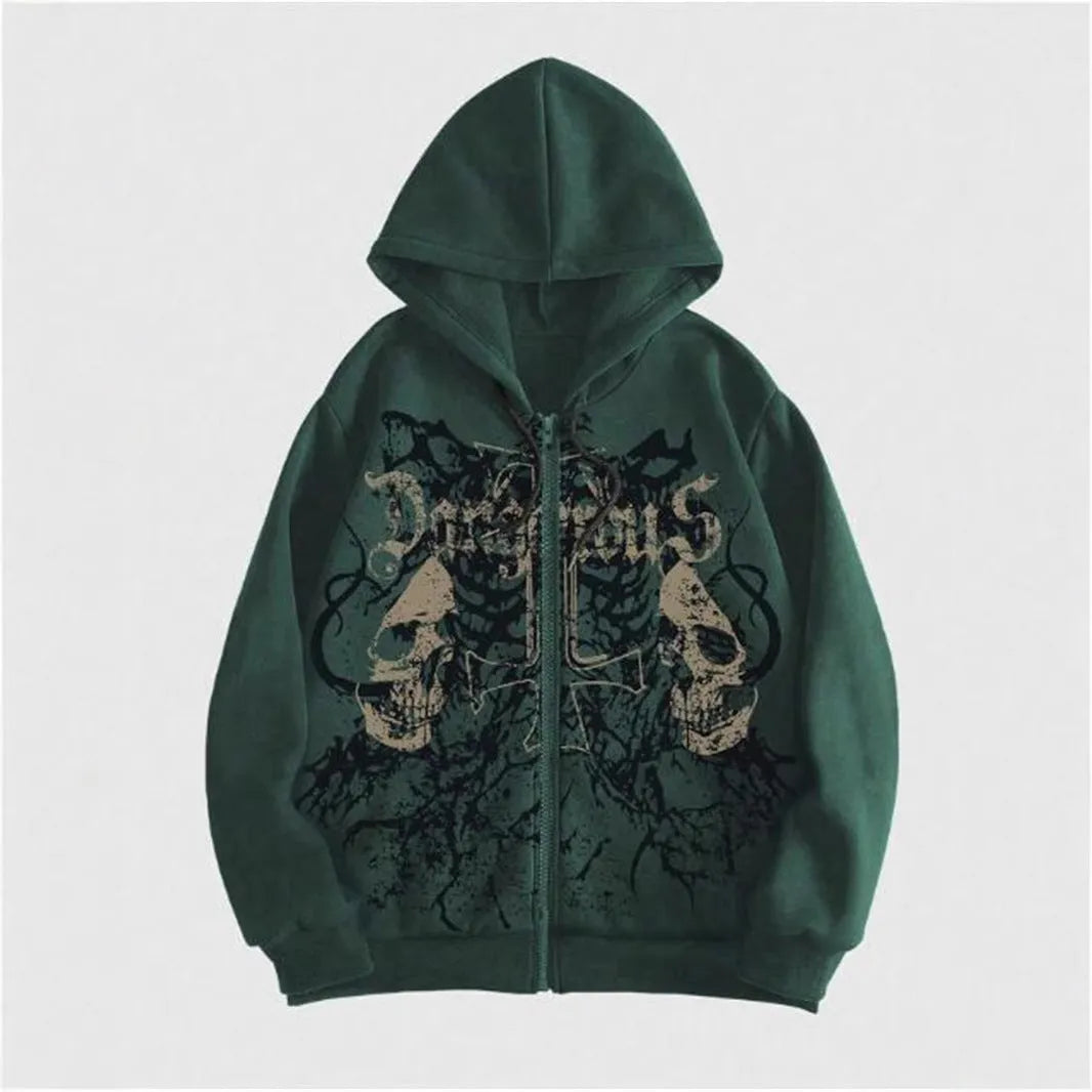 Men's black hooded sweatshirt with a large white skull print on the chest, long sleeves, and a pullover style.