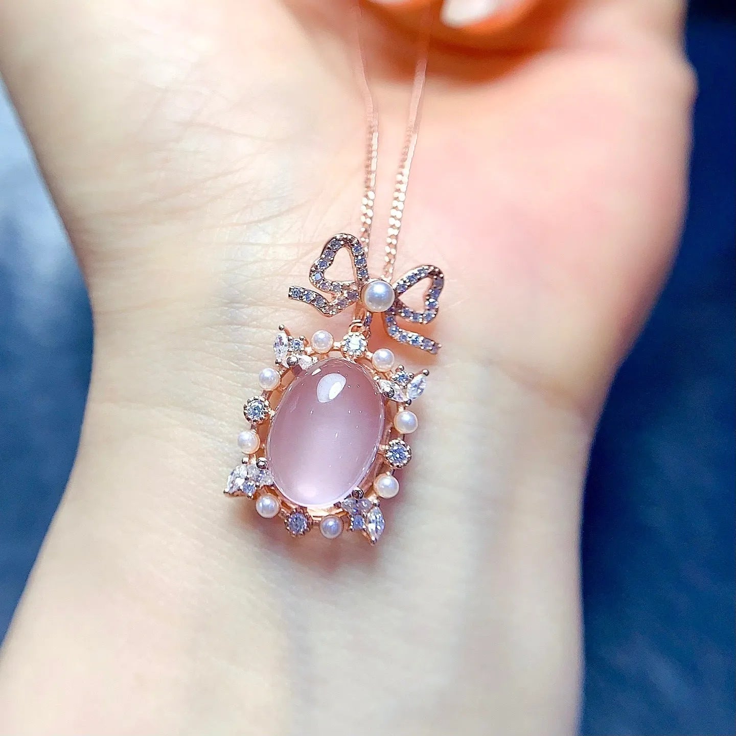 Geometric rose quartz pendant on 925 sterling silver chain with rose gold plating accents