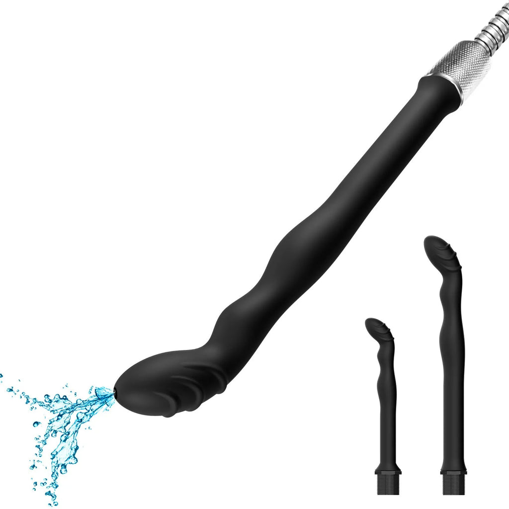 Black silicone hosepipe flusher for rectal irrigation procedures shown in large and small size options