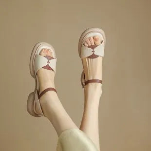 Women's khaki chunky heel platform open toe sandals made from renewable leather