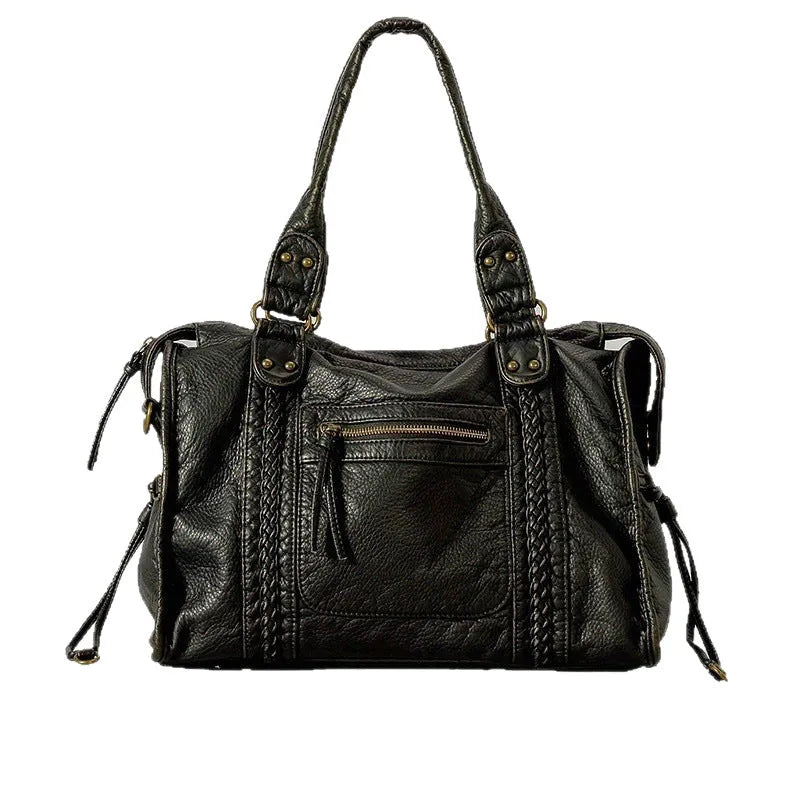 Women's French retro motorcycle style messenger shoulder bag in soft PU leather with woven detailing