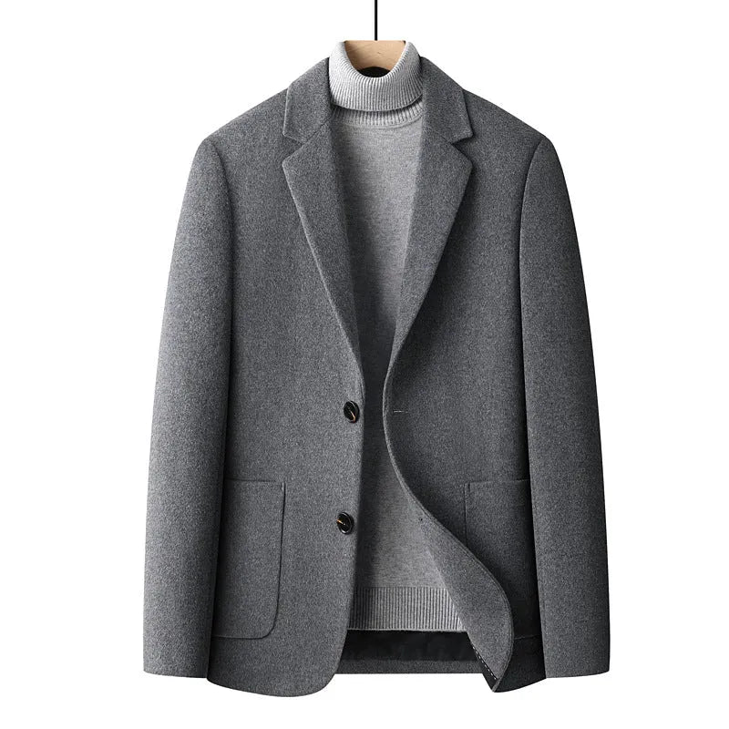 Men's slim fit wool blend suit jacket in grey, shown on a model.