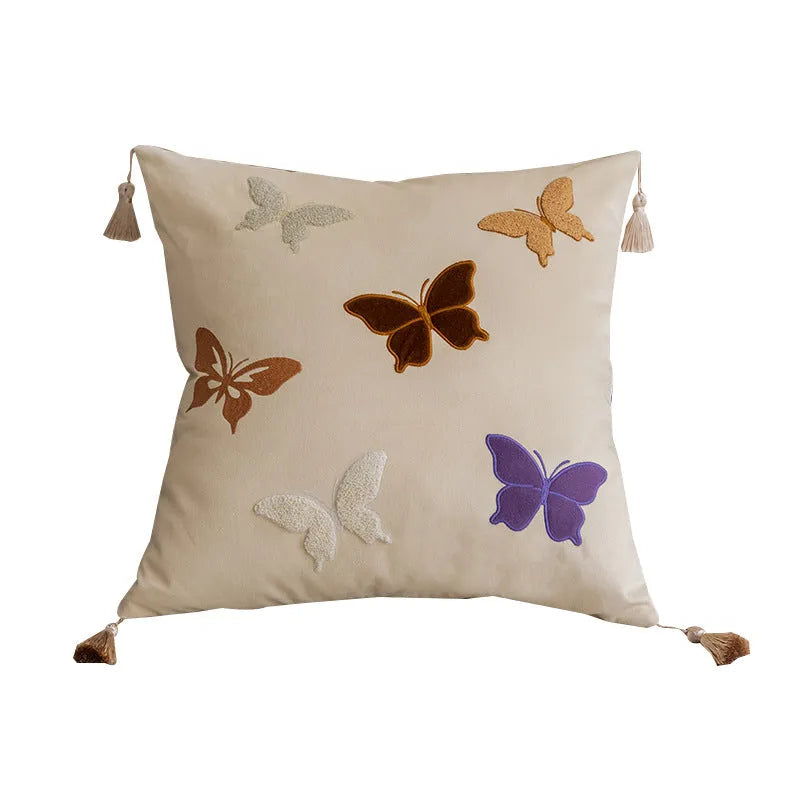 Butterfly embroidery cushion Chinese-style floral pattern 45x45 cm beige black purple