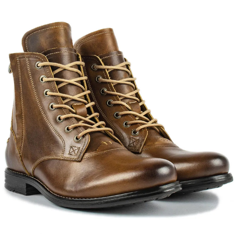 Knight Series black and brown two-tone leather boots with a side zipper and low heel.