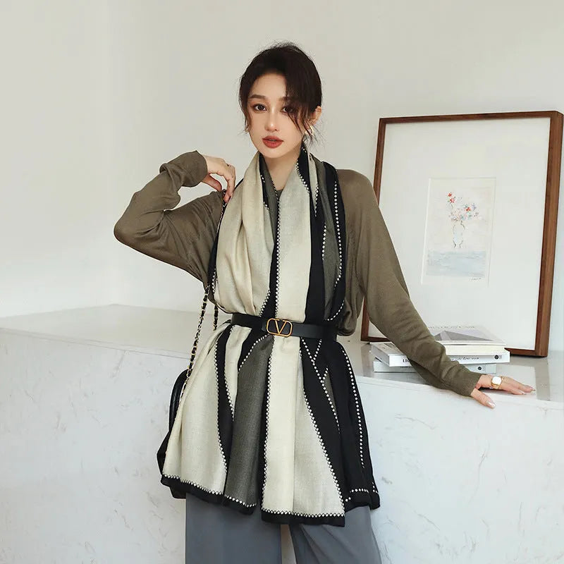 Polyester printed scarf shawl showing 90cm by 180cm dimensions and autumn-appropriate designs