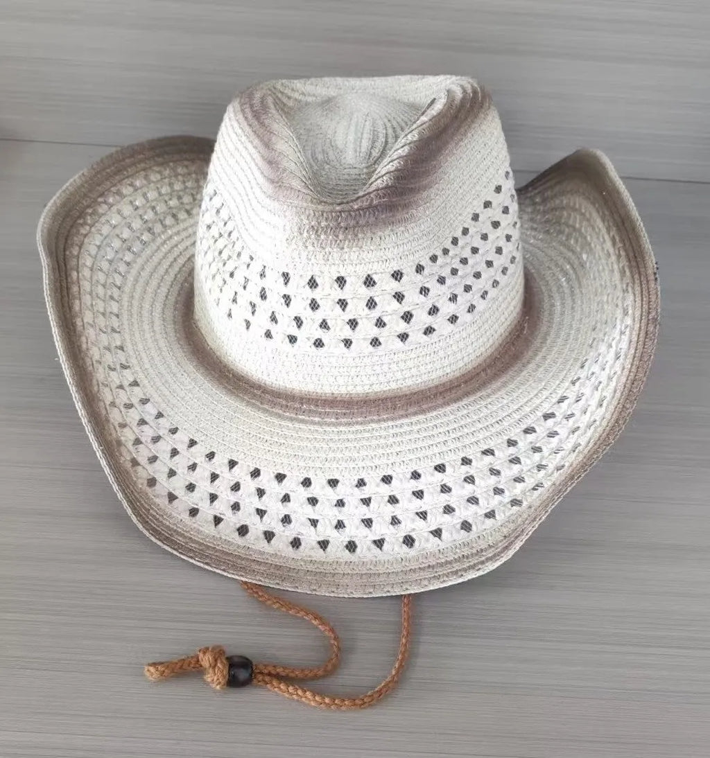Brown leather velvet Western cowboy hat with a curved brim on a wooden post.