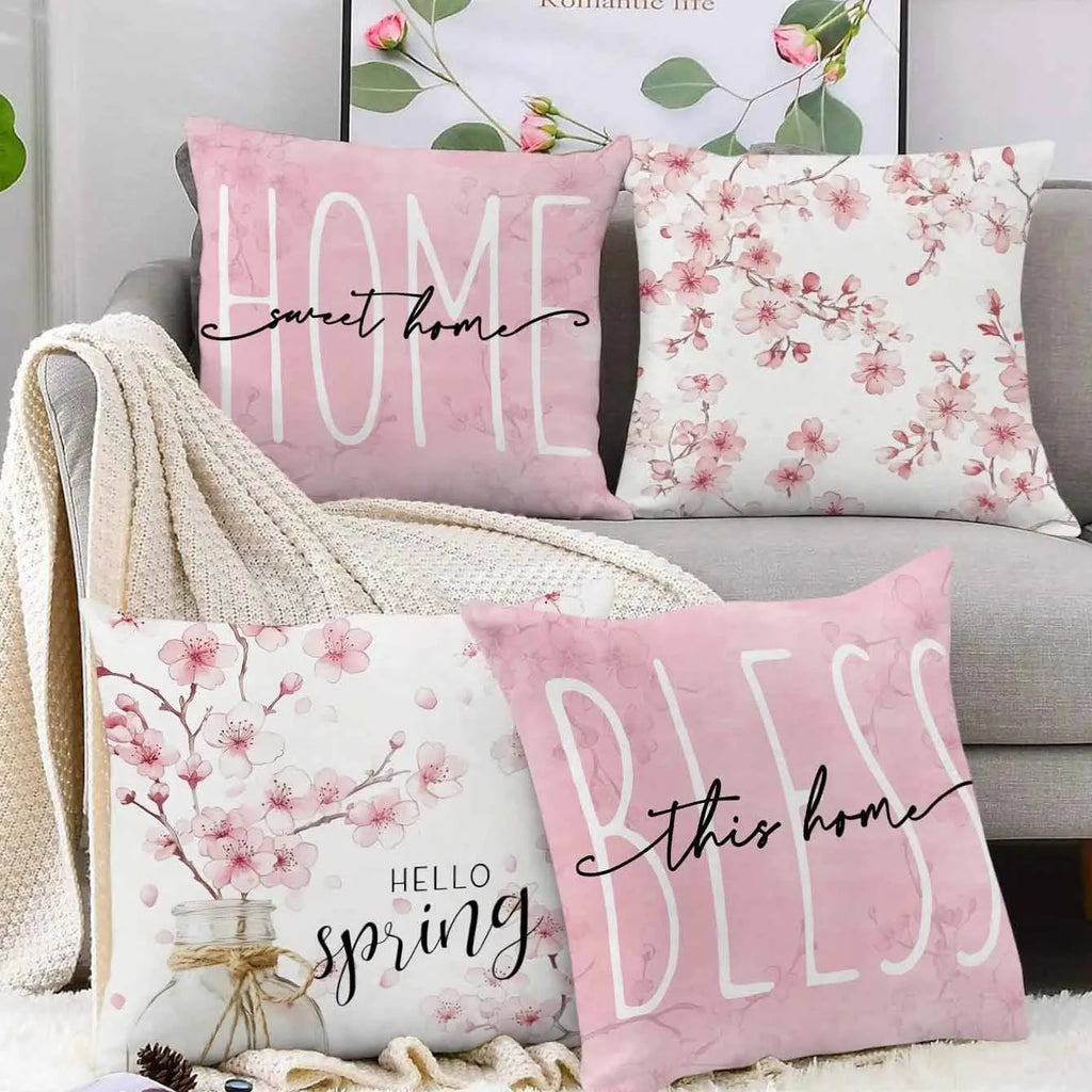 Square 45cm cherry blossom and letter print cushion cover in short velvet fabric.
